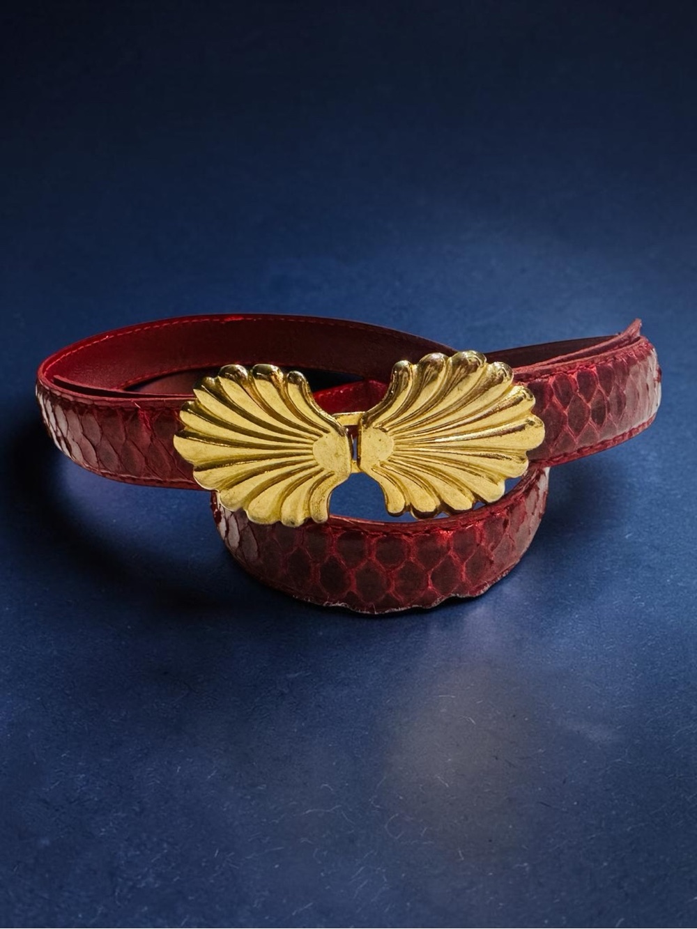Rare Vintage Red Leather Snake-Texture Belt with Gold Wing Buckle